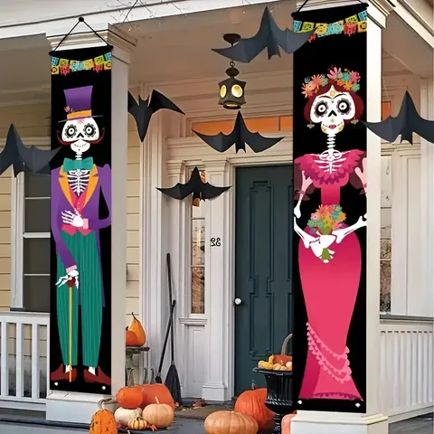 Halloween Tag der Toten Willkommen Veranda Banner Polyester Skelett Blumenmuster Bedruckt Feiertag Tür Hängen Flaggen Set