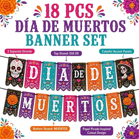 Mexicaanse Dag Van De Doden Feest Banner Kleurrijke Papel Picado Guirlande Dia De Muertos Schedel Bloem Decoratie Hol Papier Wimpels Voor Halloween Fiesta Decor