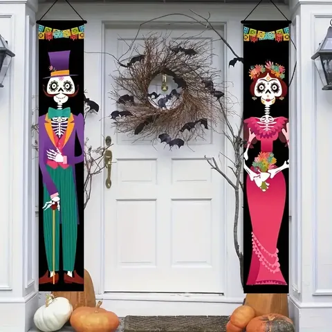 Halloween Tag der Toten Willkommen Veranda Banner Polyester Skelett Blumenmuster Bedruckt Feiertag Tür Hängen Flaggen Set
