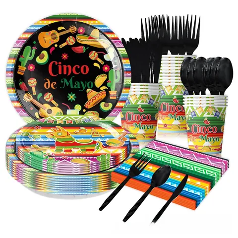 Mexican Fiesta Party Supplies Set Cinco De Mayo Decorations Disposable Paper Plates Cups Napkins Tablecloth Banner For Kids Birthday Holiday Party Decor