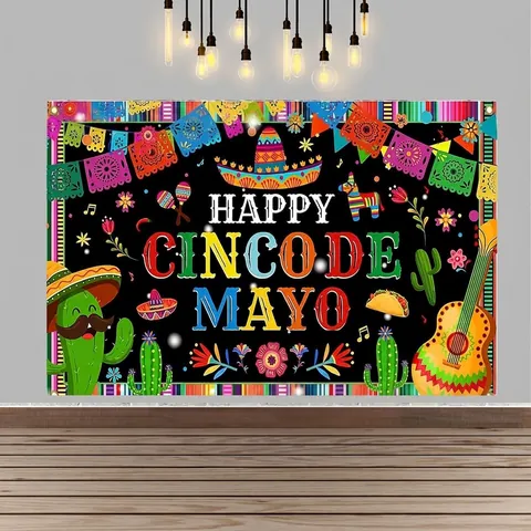Happy Cinco De Mayo Fotohintergrund Vinyl Mexikanische Fiesta Party Dekoration Banner Bunt Kaktus Sombrero Gitarre Hintergrund
