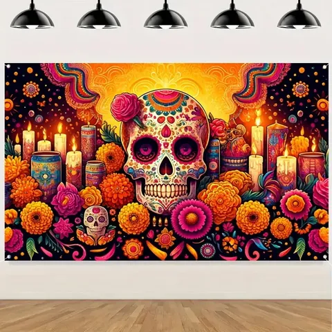 Pancarta De Fondo Del Día De Los Muertos Mexicano Calavera De Azúcar Colorida Flor Cempasúchil Poliéster Decoración Fiesta