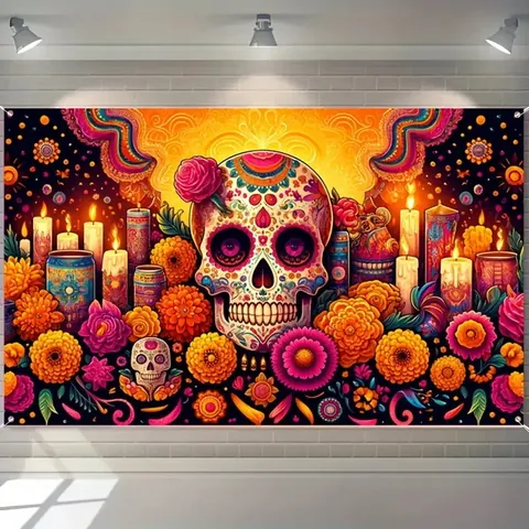 Pancarta De Fondo Del Día De Los Muertos Mexicano Calavera De Azúcar Colorida Flor Cempasúchil Poliéster Decoración Fiesta