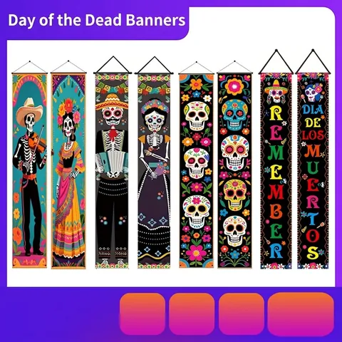 Mexikanischer Tag Der Toten Banner Dekorationen Halloween Outdoor Porch Sign Traditioneller Zuckerschädel Tagetes Blumendruck Polyester Spruchband Flagge Für Haus Garten Party Dekor