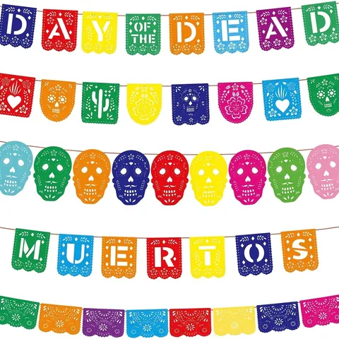 Bannière en Feutre du Jour des Morts Mexicain Multicolore Papel Picado Guirlande de Fleurs de Crâne pour Décoration de Maison de Fête de Carnaval