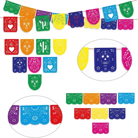 Bannière en Feutre du Jour des Morts Mexicain Multicolore Papel Picado Guirlande de Fleurs de Crâne pour Décoration de Maison de Fête de Carnaval