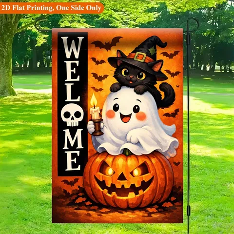 Halloween Gartenflagge Schwarze Katze Gespenst Kürbis Mond Welcome Banner Für Draußen Garten Halloween Party Dekoration