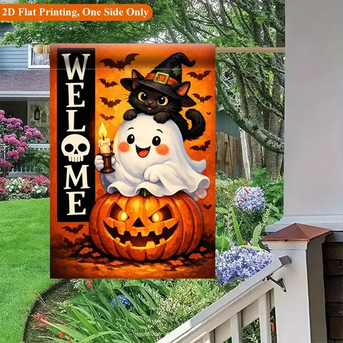 Halloween Gartenflagge Schwarze Katze Gespenst Kürbis Mond Welcome Banner Für Draußen Garten Halloween Party Dekoration