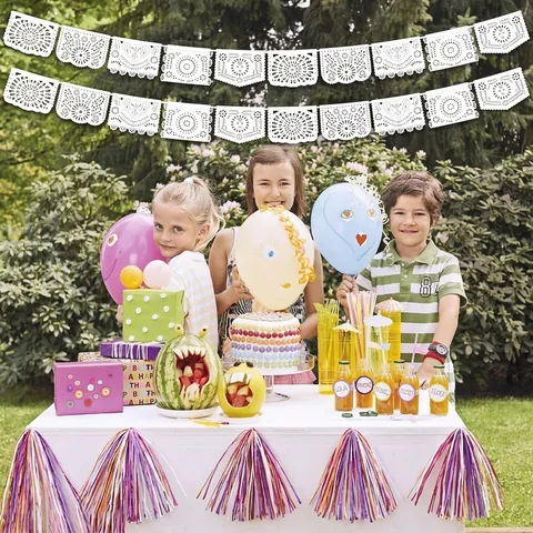 Pancarta De Papel Picado Mexicano Blanco Hueco De Plástico PE Para Bodas Cumpleaños Fiestas Festivales Decoración Colgante