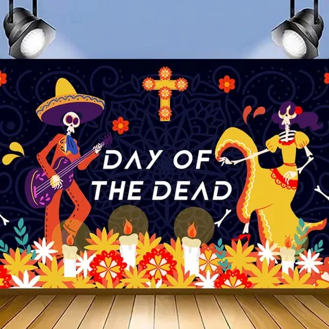 Mexikanischer Tag Der Toten Hintergrundtuch Banner Schwarz Polyester Hintergrund Zuckerschädel Gitarre Floral Party Dekor