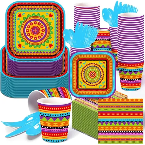 Vajilla de Fiesta Temática Mexican Fiesta MM098 Platos de Papel Cuadrados Servilletas Vasos Cubiertos de Plástico Globos para Decoración de Fiestas de Cumpleaños