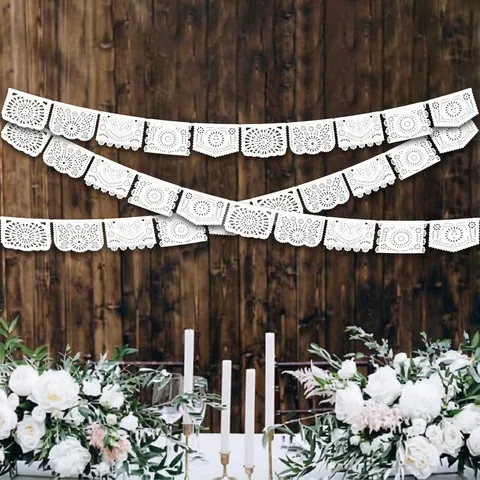 Pancarta De Papel Picado Mexicano Blanco Hueco De Plástico PE Para Bodas Cumpleaños Fiestas Festivales Decoración Colgante