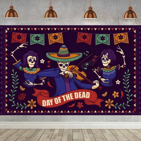 Mexikanischer Tag Der Toten Hintergrundtuch Banner Schwarz Polyester Hintergrund Zuckerschädel Gitarre Floral Party Dekor