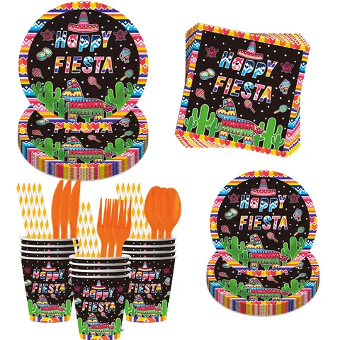 Juego de Suministros para Fiesta Mexicana Fiesta Vajilla Desechable Platos Vasos Servilletas Cubiertos para Decoraciones de Fiesta