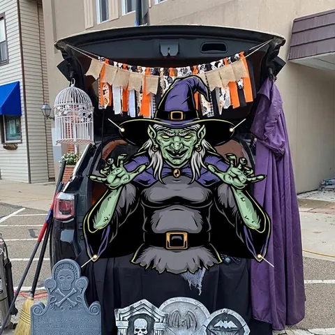 Banner Decorativo per Bagagliaio di Halloween Sfondo Horror con Zucca Fantasma Teschio Mummia Strega per Decorazione Festa Trunk Or Treat