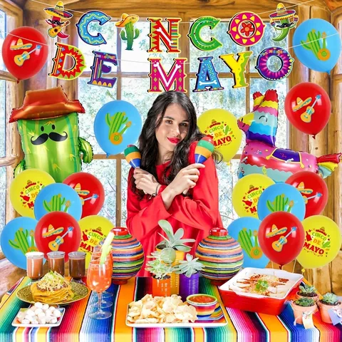Decorazioni Festa Messicana Cinco De Mayo Celebrazione Banner Cactus Lama Palloncini in Alluminio Ventagli Carta Riccioli Nappe