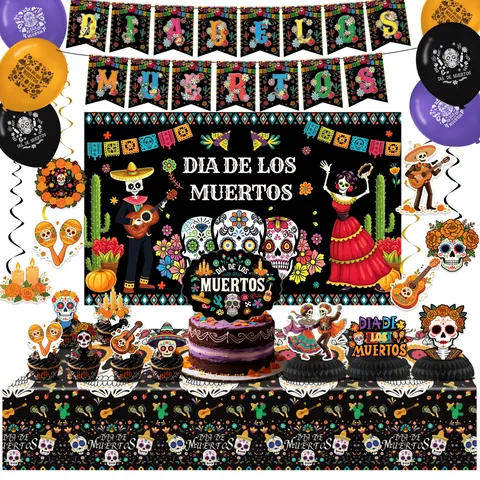Mexikanische Tag Der Toten Thema Party Dekoration Set Totenkopf Gedruckt Banner Ballon Papier Teller Tasse Tischdecke Kuchen Topper Festliche Party Zubehör