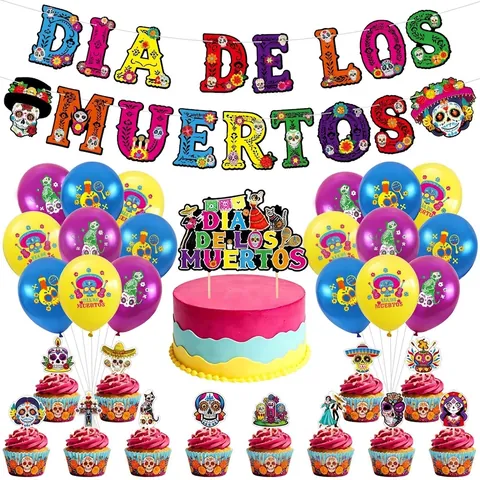 Kit Decorazione Festa Giorno dei Morti Messicano Banner Teschio di Zucchero Topper per Torte Palloncini Spirali Nappe Ornamenti a Nido d'Ape