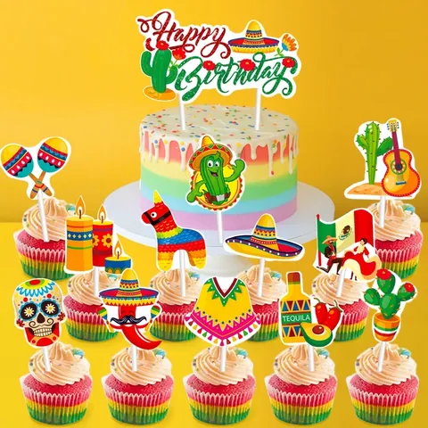 Decoraciones para Tartas Fiesta Mexicana Taco Bar Decoración de Fiesta Cactus Sombrero Pinata Calavera Cupcake Toppers de Papel