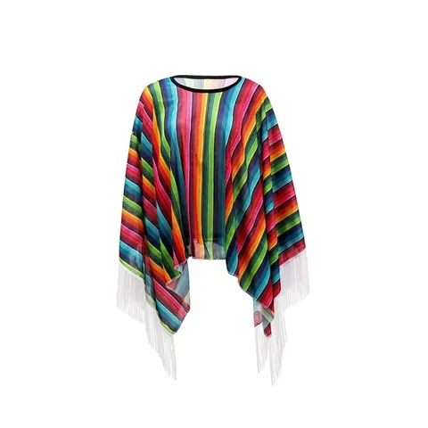 Poncho Châle Coloré à Rayures de Style Folklorique Mexicain Avec Glandes Pour Adultes Enfants Costume de Fête de Carnaval Cape en Polyester