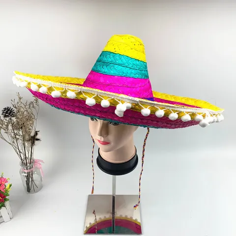Chapeau Sombrero Mexicain Tissage de Bambou Coloré Chapeau de Paille Avec Pompons Blancs pour Carnaval Fête Performance Accessoires Chapeau de Plage