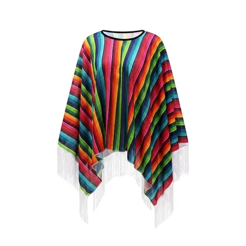 Poncho Châle Coloré à Rayures de Style Folklorique Mexicain Avec Glandes Pour Adultes Enfants Costume de Fête de Carnaval Cape en Polyester