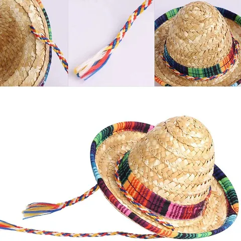 Mexikanischer Fiesta Mini Sombrero Strohhut Mit Bunter Borte Und Verstellbarem Seil Für Haustier Hund Katze Karneval Party Deko