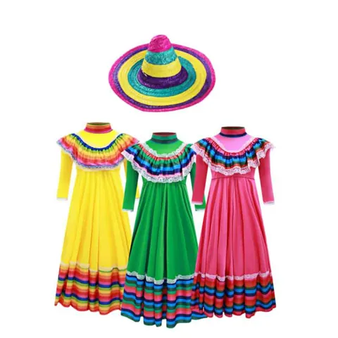 Costume Cosplay Mexicain Folklorique pour Femmes Enfants Halloween Robe à Volants Rayée Arc-en-ciel Avec Chapeau Sombrero Tenue de Performance de Fête