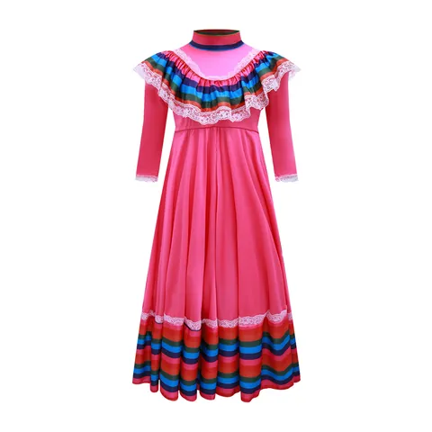 Costume Cosplay Mexicain Folklorique pour Femmes Enfants Halloween Robe à Volants Rayée Arc-en-ciel Avec Chapeau Sombrero Tenue de Performance de Fête