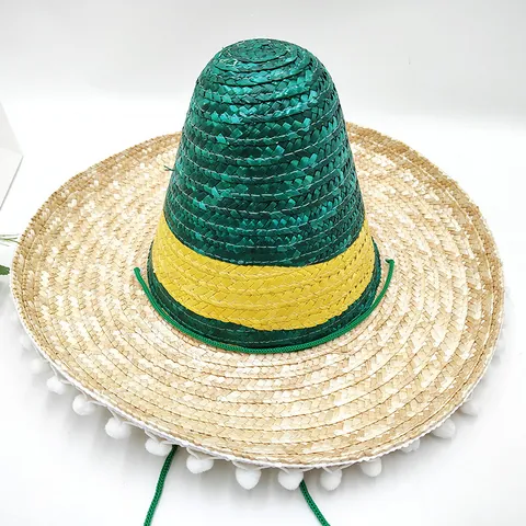 Cappello di Paglia Messicano Sombrero Con Pompon Bianchi Tesa Larga Paglia di Grano Cappello da Festa in Costume Per Cinco De Mayo