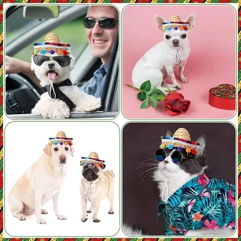 Mini Sombrero Mexicain Chapeau de Paille pour Chiens Chats Pompons Colorés Costume de Fête pour Animaux Chapeau de Soleil