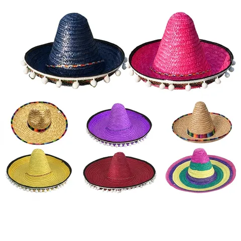 Sombrero Messicano Cappello di Paglia Falda Larga Multicolore Bordo con Pompon per Halloween Pasqua Carnevale Festa Performance Bambini Adulti