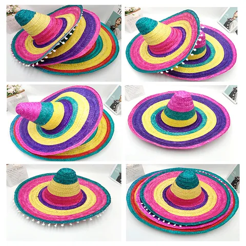 Mexikanischer Sombrero Bambus Geflochtener Hut Mit Pompons Bunte Regenbogenstreifen Breite Krempe Sonnenhut Für Halloween Party