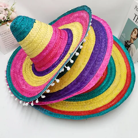Mexikanischer Sombrero Bambus Geflochtener Hut Mit Pompons Bunte Regenbogenstreifen Breite Krempe Sonnenhut Für Halloween Party
