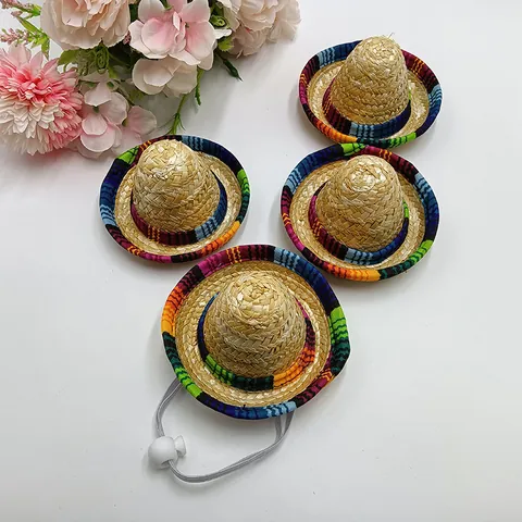 Mini Mexikanischer Sombrero Haustier Hut Natürliches Weizenstroh Handgewebt Festliches Party Geburtstag Kostüm Zubehör Für Hunde Katzen Welpen Puppen Dekorativer Hut