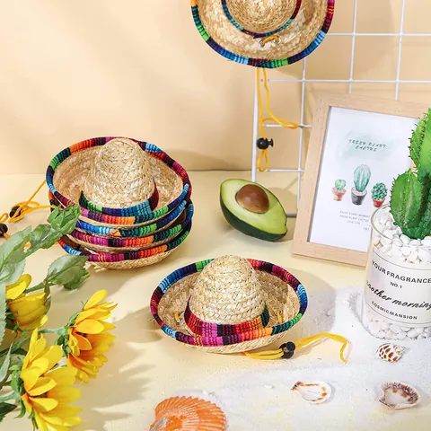 Mini Sombrero Mexicain pour Animaux Chapeau de Paille Tressée Avec Sangle Réglable Bordure Colorée pour Chiens Chats Décor Fête