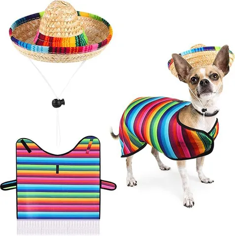 Mexikanische Fiesta Gestreifte Haustier Umhang Quasten Poncho Sombrero Strohhut Set Für Hunde Katzen Halloween Party Kostüm