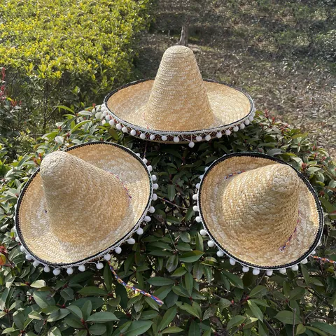 Chapeau de Paille Sombrero Mexicain Avec Pompons et Bordure Colorée pour Halloween Carnaval Fête Performance Adultes Enfants Chapeau Tissé Ethnique