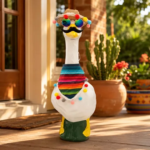 Set Costume Messicano per Oca da Portico Con Pompon Cappello Sombrero di Paglia Poncho a Righe Occhiali da Sole Baffi per Giardino