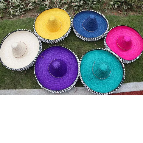 Cappello Messicano Sombrero a Punta a Tesa Larga in Paglia di Bambù Con Pompon Bianchi per Fiesta Party Cinco De Mayo Carnevale Accessorio Costume