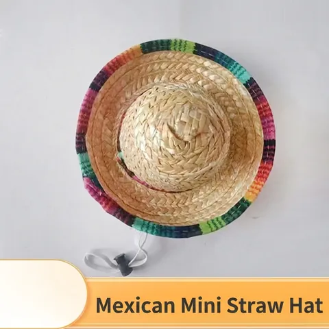 Chapeau de Paille pour Animaux Sombrero Mexicain Tissé à la Main Sangle Réglable Accessoires de Costume Chat Chien Chapeau de Protection Solaire en Paille de Blé Naturelle pour Séance Photo Fête