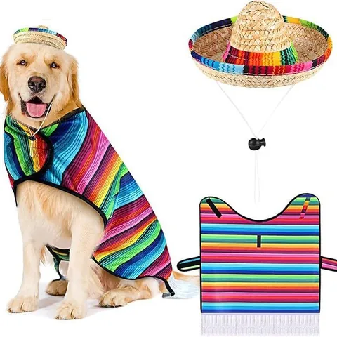 Mexikanisches Haustier Kostüm Set Regenbogenstreifen Hund Sombrero Hut Und Serape Poncho Für Hunde Katzen Party Halloween Outfit