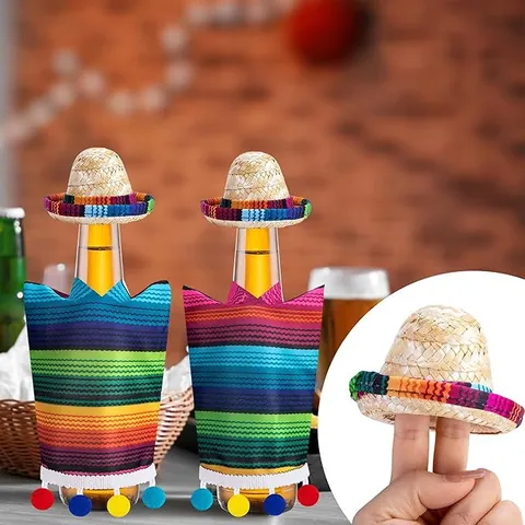 Mini Cappelli di Paglia Sombrero Messicano e Set di Decorazione Poncho a Strisce per Bottiglie di Vino Accessori per Costumi da Festa per Animali Piccoli