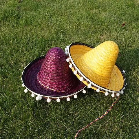Chapeau de Paille Sombrero Mexicain pour Enfants Halloween Carnaval Fête Accessoires Corde Tressée Pompons Décor