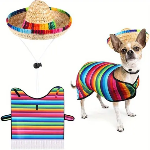 Costume de Poncho Mexicain pour Animaux de Compagnie Cape à Rayures Arc-en-Ciel Multicolore avec Gland pour Chien Chat avec Chapeau de Paille