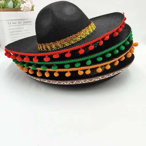 Etnische Mexicaanse Sombrero Party Hoed Gekleurde Pompons Vilt Strooien Hoed Voor Carnaval Verjaardag Maskerade Fotografie Requisites