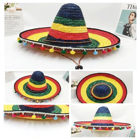 Sombrero Mexicain Chapeau de Paille Tissé Coloré Avec Pompons Cordon pour Carnaval Halloween Fête d'Anniversaire Accessoires de Spectacle