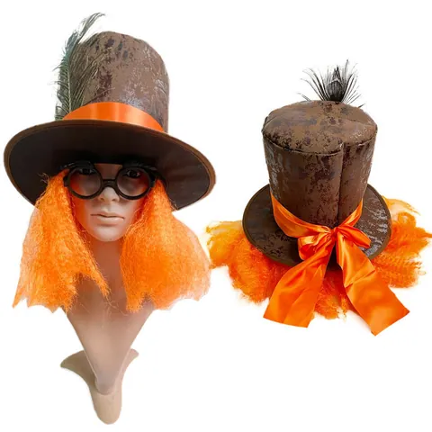 Set di Costumi Halloween Mad Hatter Cappello a Cilindro Marrone Con Parrucca Arancione Piuma di Pavone Occhiali per Festa