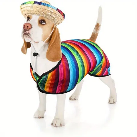 Costume de Poncho Mexicain pour Animaux de Compagnie Cape à Rayures Arc-en-Ciel Multicolore avec Gland pour Chien Chat avec Chapeau de Paille