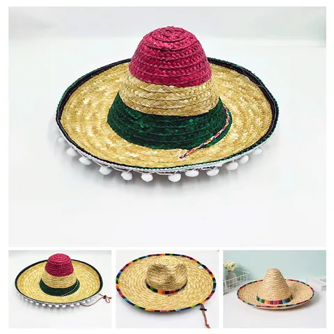 Cappello di Paglia Messicano Fatto a Mano Tesa Larga Protezione Solare Con Pompon E Nastro Per Carnevale Festa Accessori Foto Unisex